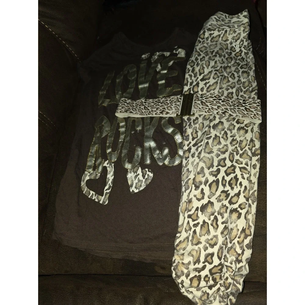 Justice love rocks leopard print outfit top cropped leggings belt size 10
